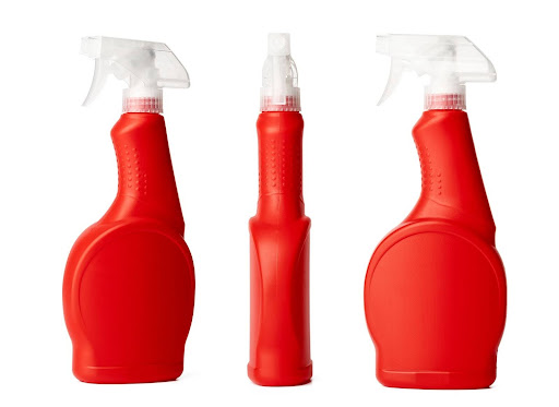 Red spray bottles for household cleaners with shape and finish sample from plastic spray bottle manufacturers.