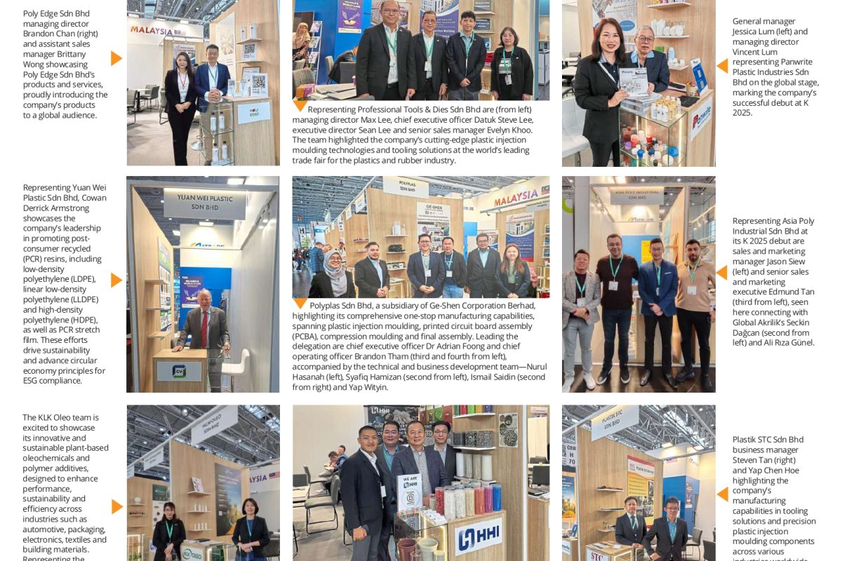Malaysia at K 2025, Düsseldorf—collage of booths under MATRADE pavilion with recycled/biodegradable plastics, including Panwrite